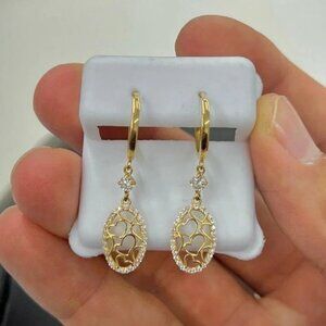 NEW 14K Yellow Gold Huggie Heart Earrings CZ Dangle